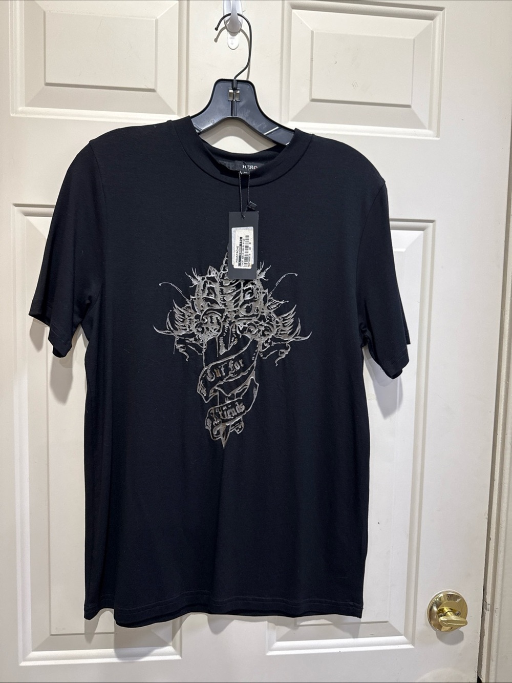 Hero ZEGNA MOUSTACHE Crewneck T-Shirt in Solid Black W/ Silver Graphic Men Sz M